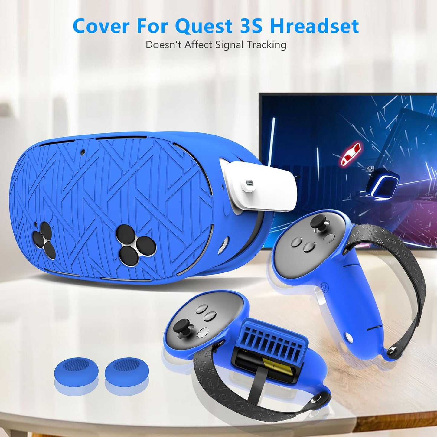 7-in-1 Protective Silicone Cover Set for Meta Quest 3s Accessories, Included Battery Opening Controller Grips, VR Silicone Face Cover and Shell Cover_(Stripe-Blue)