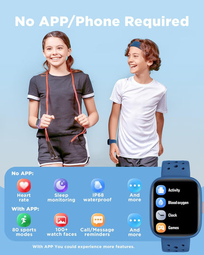 BIGGERFIVE Smart Watch for Kids No APP No Phone Needed, 1.8" Fitness Tracker Watch Pedometer, Sleep Monitor, IP68 Waterproof, Step Counter, Puzzle Games for Girls Boys Teens 5-16, Black