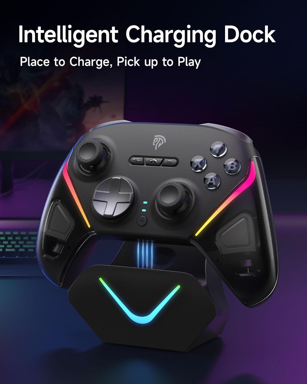 EasySMX D10 Wireless Gaming Controller – Bluetooth Gamepad with TMR Joysticks, Dual-Mode Triggers, Mechanical Buttons, 1000Hz Polling, RGB Lights – for PC, Switch, Android, iOS – with Charging Dock