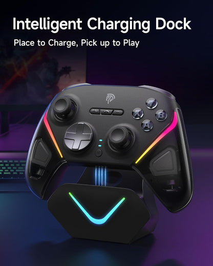 EasySMX D10 Wireless Gaming Controller – Bluetooth Gamepad with TMR Joysticks, Dual-Mode Triggers, Mechanical Buttons, 1000Hz Polling, RGB Lights – for PC, Switch, Android, iOS – with Charging Dock