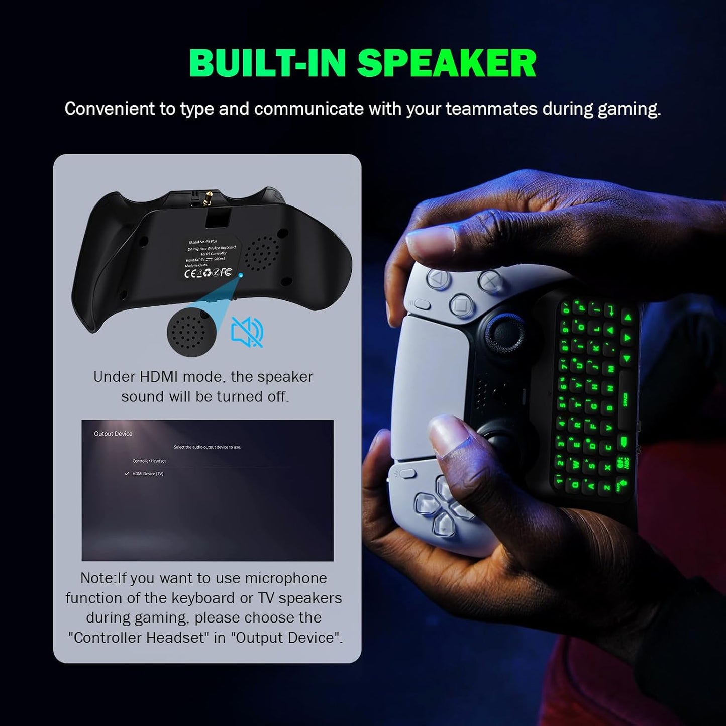 MoKo Green Backlight Keyboard for PS5 Controller, PS5 Wireless Mini Keyboard Chatpad for Playstation 5 Controller, Keypad Built-in Speaker with 3.5mm Audio Jack for Messaging and Game Live Chat, Black