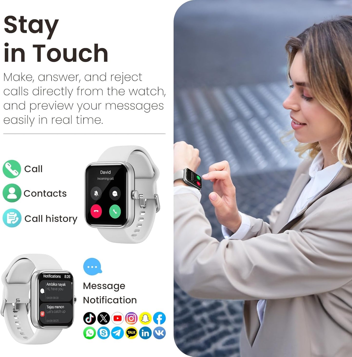 TOZO 44mm Rectangular Face Smart Watch Alexa Built-in Fitness Tracker with Heart Rate/Blood Oxygen Monitor/Sleep Monitor 5ATM Waterproof HD Touchscreen for Men Women Compatible with iPhone&Android