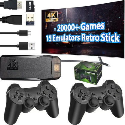 Wireless Retro handheld model Stick Built-in 20000+ Classic Games, 4K HDMI Output Nostalgia Plug & Play Retro Video Gaming Stick with 15 Emulators and Dual 2.4G Wireless Controller（64GB Memory Card）