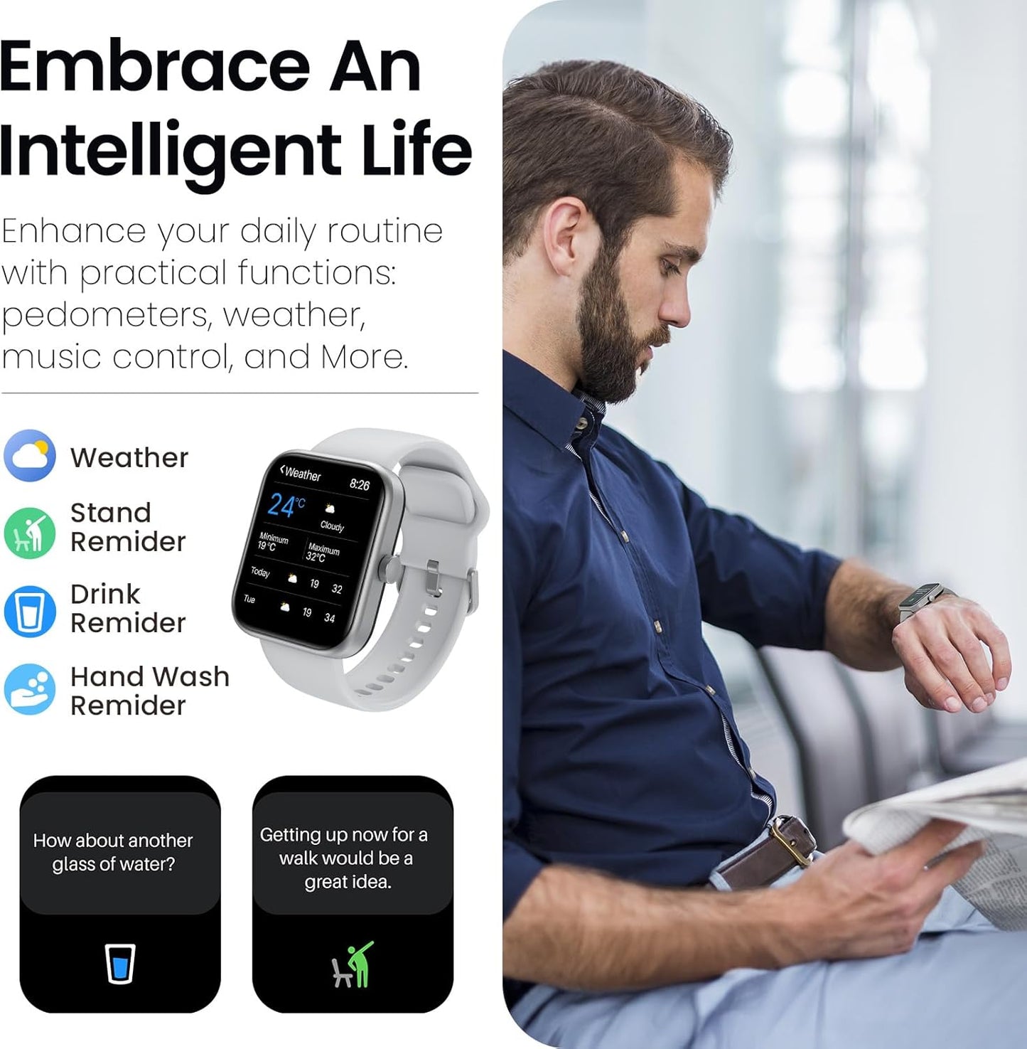 TOZO 44mm Rectangular Face Smart Watch Alexa Built-in Fitness Tracker with Heart Rate/Blood Oxygen Monitor/Sleep Monitor 5ATM Waterproof HD Touchscreen for Men Women Compatible with iPhone&Android