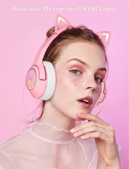 Gaming Headset for PS4, PS5, Cat Ear Headphones with Retractable Microphone, RGB Backlight, Surround Sound for PC, Mobile Phone, Gradient Pink Blue