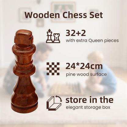 3 in 1 Chess Set, Folding 24cm Wooden Board, Includes Chess, Checkers, Backgammon, Handcrafted Pieces with Storage, Elegant Present for Adults and Kids, Holiday, Birthday, Christmas, Travel Game