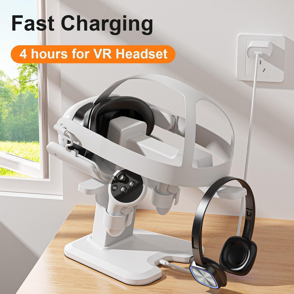 RGB Charging Dock and Vertical Stand for Quest 3S, Quest 3, Quest 2 and Quest Pro, VR Headset Controller Charging Station, White