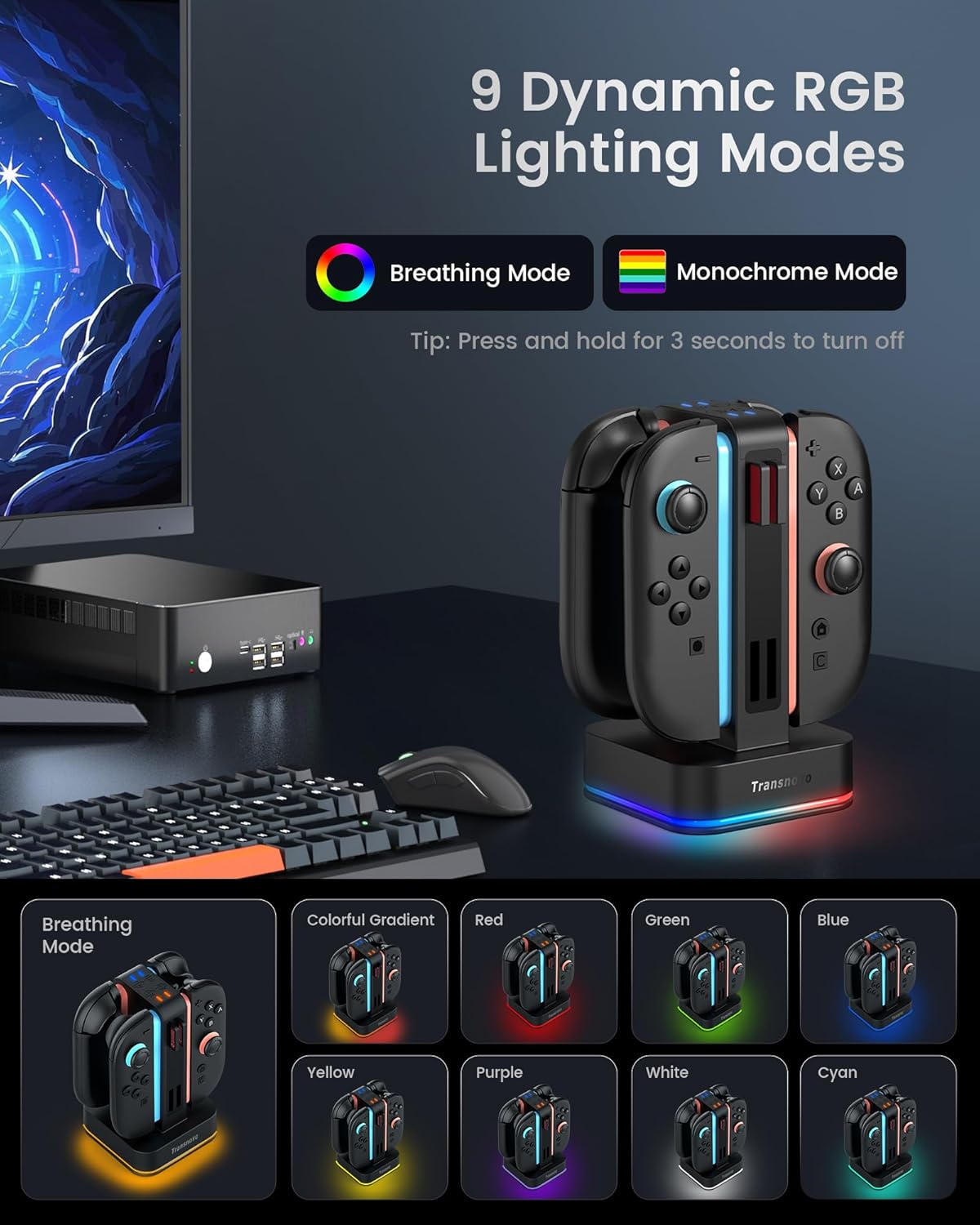 Switch 2 Controller Charger for Joy-Cons 2, 4-in-1 snap-fit Charging Dock for Nintendo Switch 2 Controller 9 RGB Light Modes, USB C Charging Cable Included, Switch 2 Accessories