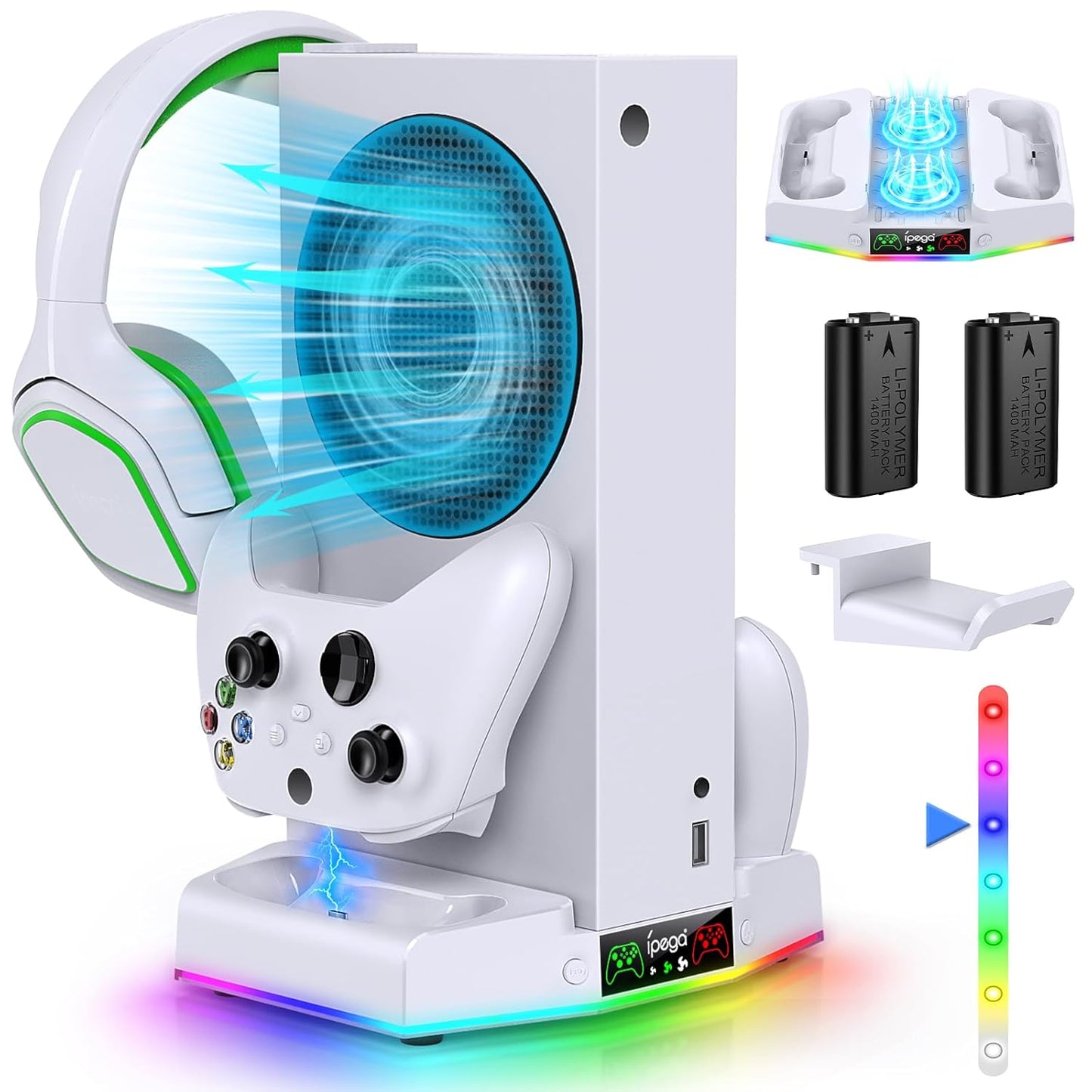 Cooling Stand & Charging Station for Xbox Series S with RGB Light Strip,Dual Controller Charger & Cooler Fan for XSS Console Accessories with 2*1400mAH Rechargeable Battery Pack,1*Headphone Hook,White