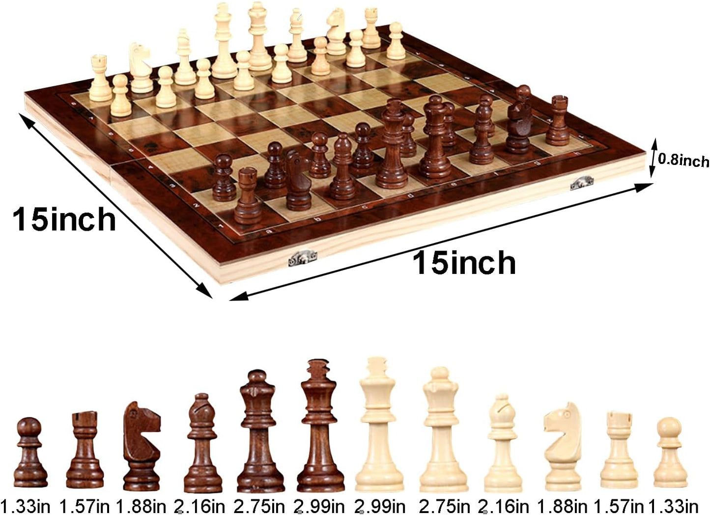 40cm Large Wooden Chess Set with Folding Board, Storage Slots, Chessmen Pieces, 3-in-1 Chess Backgammon Checkers Board Game for Adults & Kids
