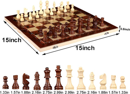 40cm Large Wooden Chess Set with Folding Board, Storage Slots, Chessmen Pieces, 3-in-1 Chess Backgammon Checkers Board Game for Adults & Kids