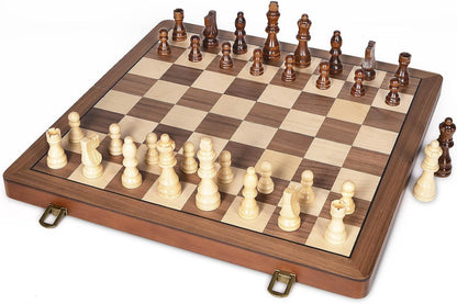 15 Inch Wooden Chess Set with Magnetic Pieces, Folding Chess Board, Extra Queens, Portable Travel Tournament Chess Game for Adults & Kids