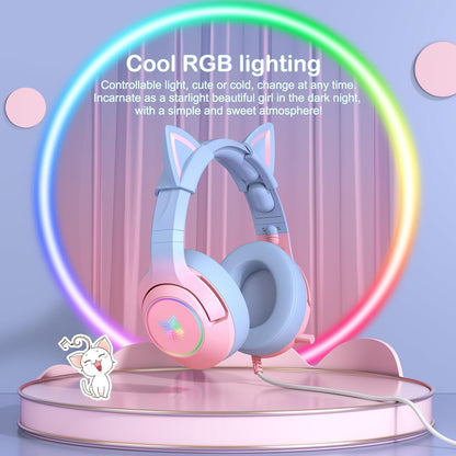 Gaming Headset for PS4, PS5, Cat Ear Headphones with Retractable Microphone, RGB Backlight, Surround Sound for PC, Mobile Phone, Gradient Pink Blue