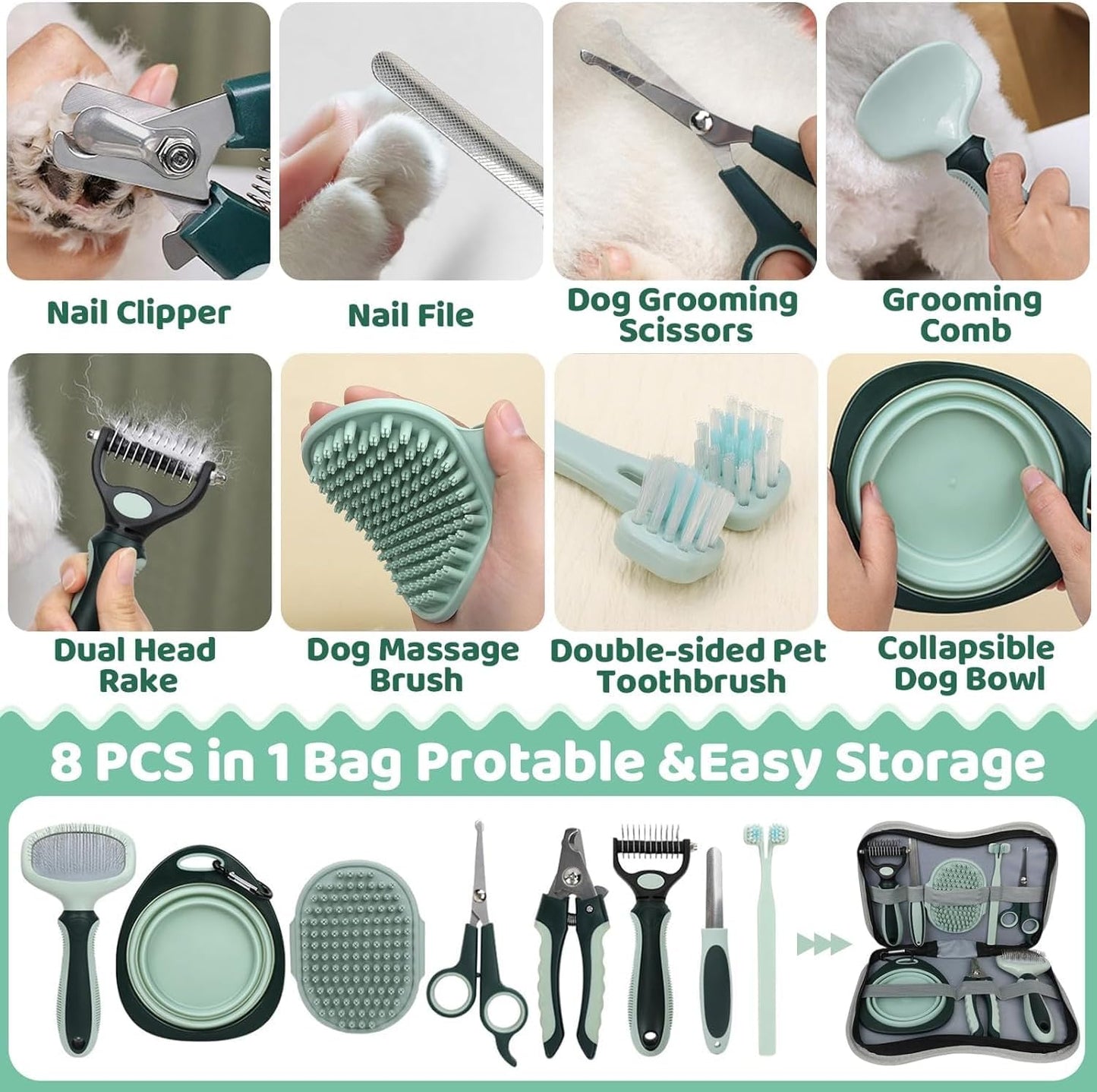8-in-1 Grooming Kit for Dogs and Cats | Pet Hair Remover Brush, Dog Wash Slicker Brush,Nail Clippers Trimmer, Comb,Collapsible Bowl，Scissors,Cat Toothbrush,Dog Cat Shedding Control,Dog Grooming Kit
