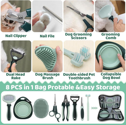 8-in-1 Grooming Kit for Dogs and Cats | Pet Hair Remover Brush, Dog Wash Slicker Brush,Nail Clippers Trimmer, Comb,Collapsible Bowl，Scissors,Cat Toothbrush,Dog Cat Shedding Control,Dog Grooming Kit