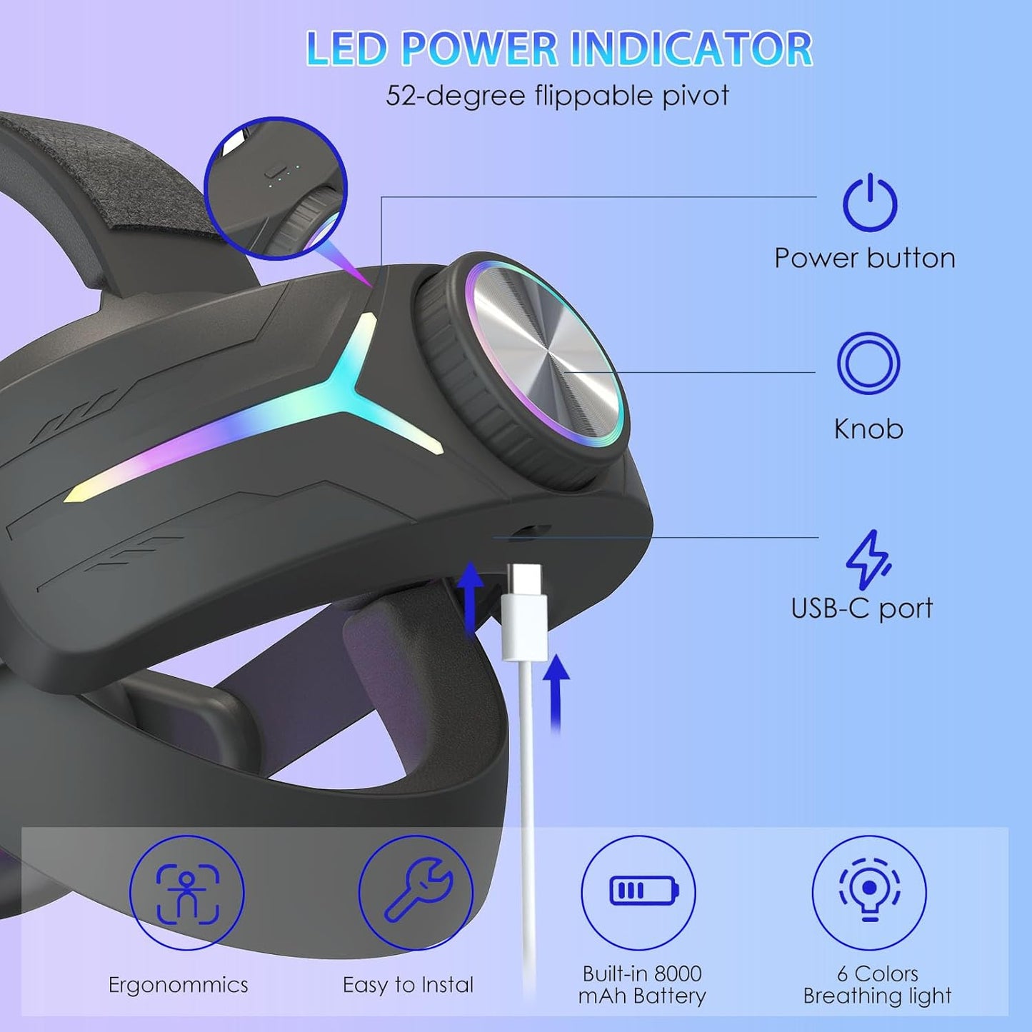 Upgraded RGB Lighted Head Strap with Battery 12000mAh for Meta Quest 3/3s Accessories, Quick Charge for Extended Playtime, to Reduce Facial Stress, Adjustable Elite Strap (White)
