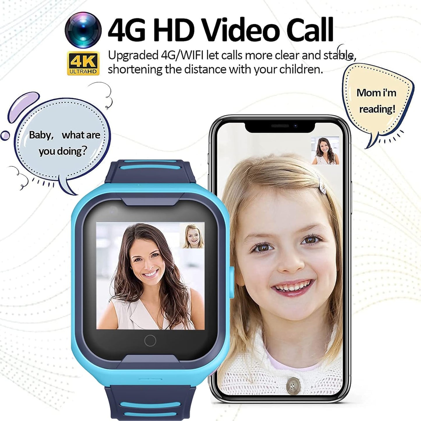 Kids 4G GPS Smart Watch, Waterproof Phone Smartwatch, Worldwide Real-time Tracking Video Phone Call Camera SOS Alarm Geo-Fence Touch Screen Pedometer Anti-Lost GPS Tracker Watch for Birthday Gift