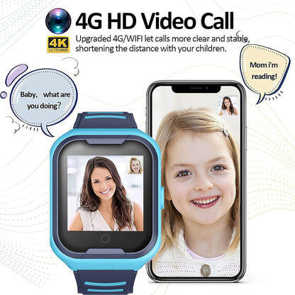 Kids 4G GPS Smart Watch, Waterproof Phone Smartwatch, Worldwide Real-time Tracking Video Phone Call Camera SOS Alarm Geo-Fence Touch Screen Pedometer Anti-Lost GPS Tracker Watch for Birthday Gift