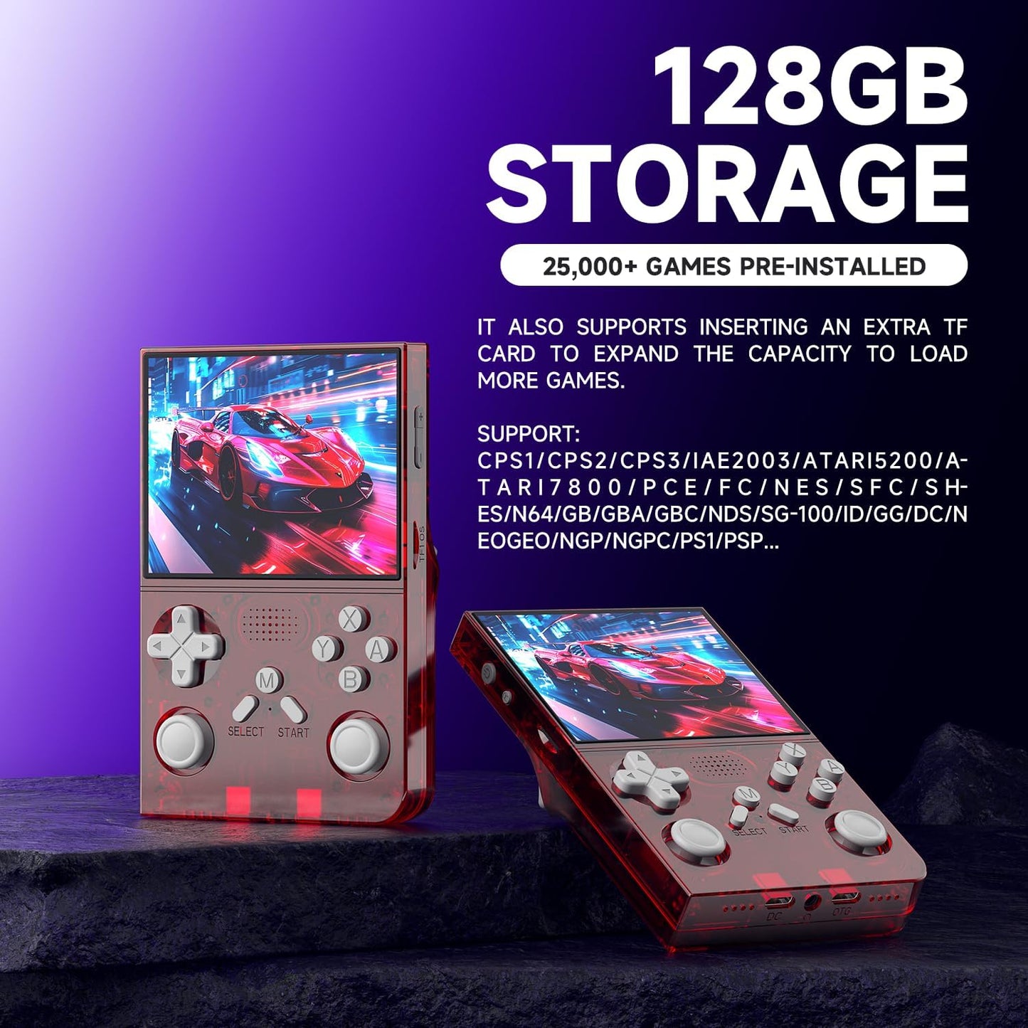 R40 Retro handheld model - 3.5 Inch IPS Screen, 128GB Storage, Portable Arcade Gaming Device, 3000mAh Battery, Type-C Charging, Red