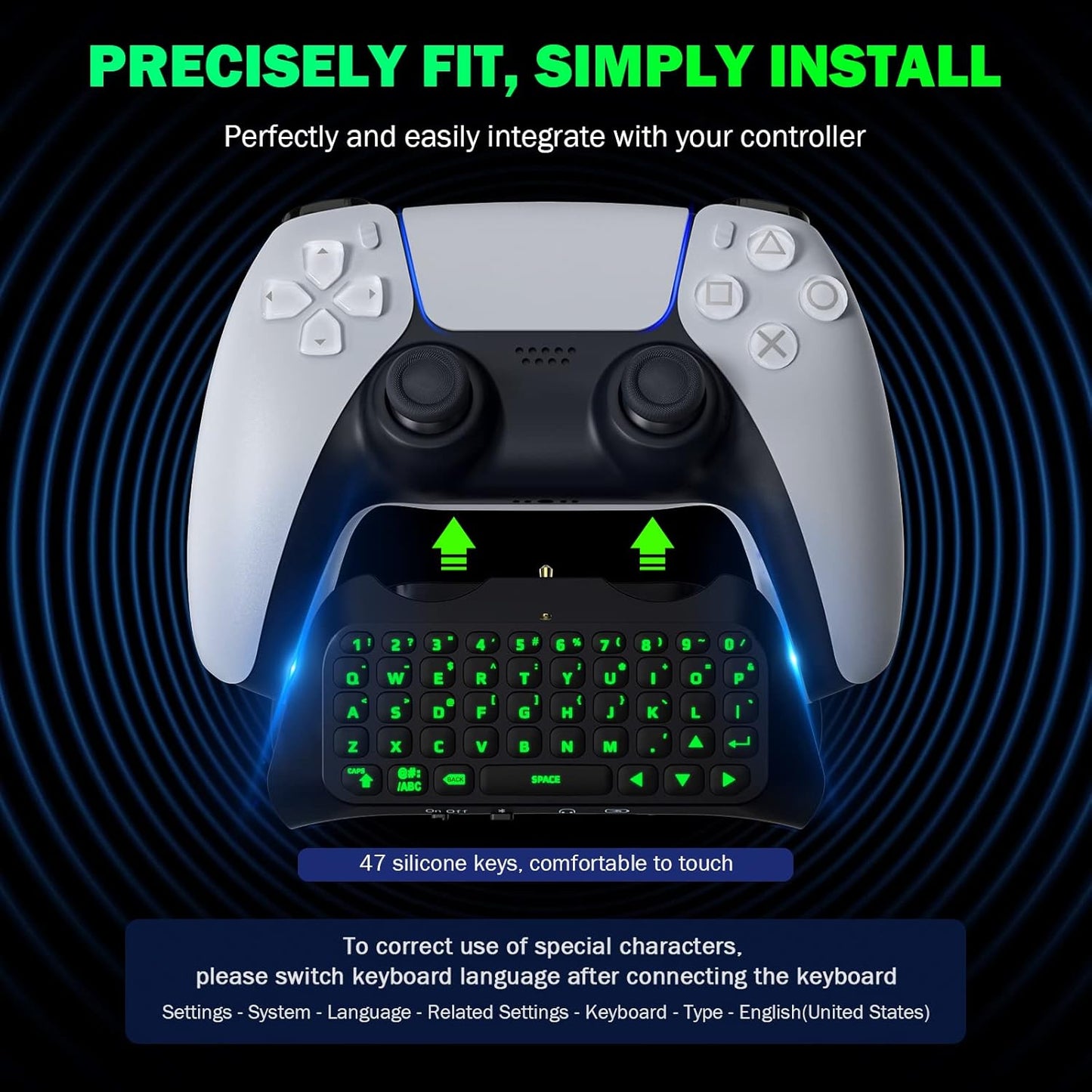 MoKo Green Backlight Keyboard for PS5 Controller, PS5 Wireless Mini Keyboard Chatpad for Playstation 5 Controller, Keypad Built-in Speaker with 3.5mm Audio Jack for Messaging and Game Live Chat, Black