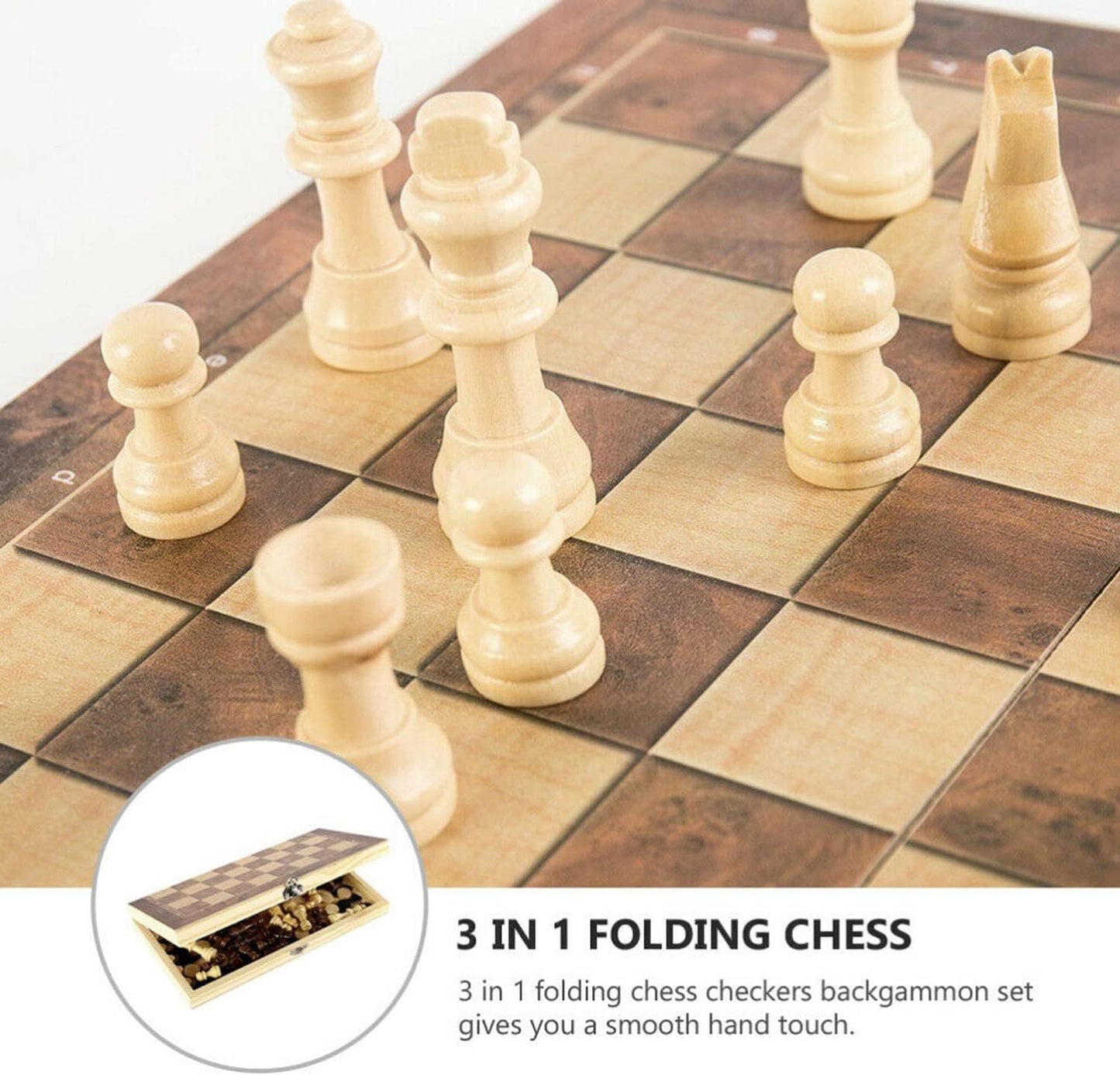 40cm Large Wooden Chess Set with Folding Board, Storage Slots, Chessmen Pieces, 3-in-1 Chess Backgammon Checkers Board Game for Adults & Kids