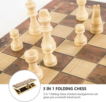 40cm Large Wooden Chess Set with Folding Board, Storage Slots, Chessmen Pieces, 3-in-1 Chess Backgammon Checkers Board Game for Adults & Kids