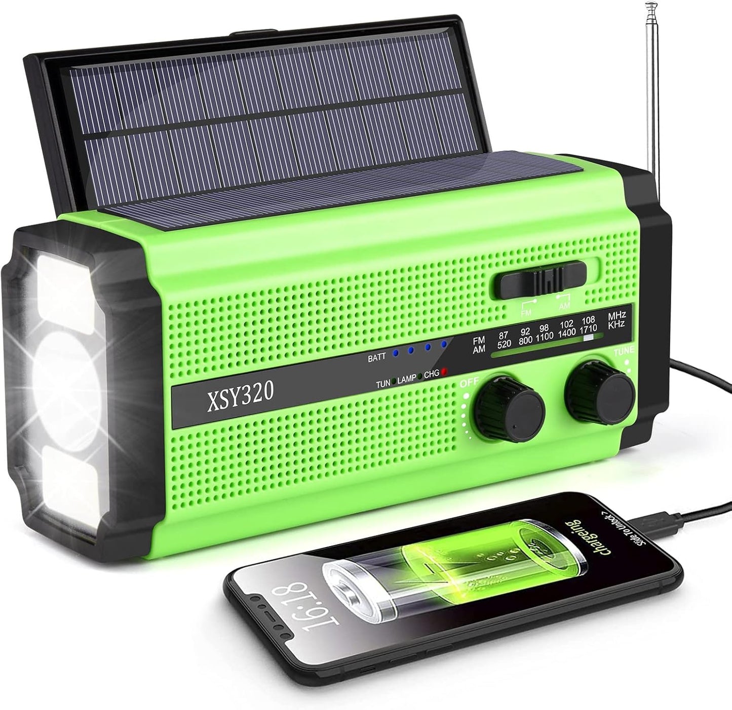 Solar Radio, AM/FM Crank Radio, Portable Emergency Radio with 5000 mAh Rechargeable Battery, 3 Modes LED Torch, LED Reading Lamp, SOS Alarm and Hand Crank Dynamo for Camping, Travel (Green)