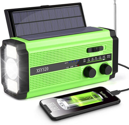 Solar Radio, AM/FM Crank Radio, Portable Emergency Radio with 5000 mAh Rechargeable Battery, 3 Modes LED Torch, LED Reading Lamp, SOS Alarm and Hand Crank Dynamo for Camping, Travel (Green)