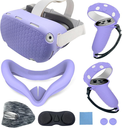 Silicone Protective Cover Set for Meta Quest 2, Red Shell Cover with Controller Grips, Face Cover, Lens Cover, Eye Cover, 9-Piece Accessory Kit (Pink)