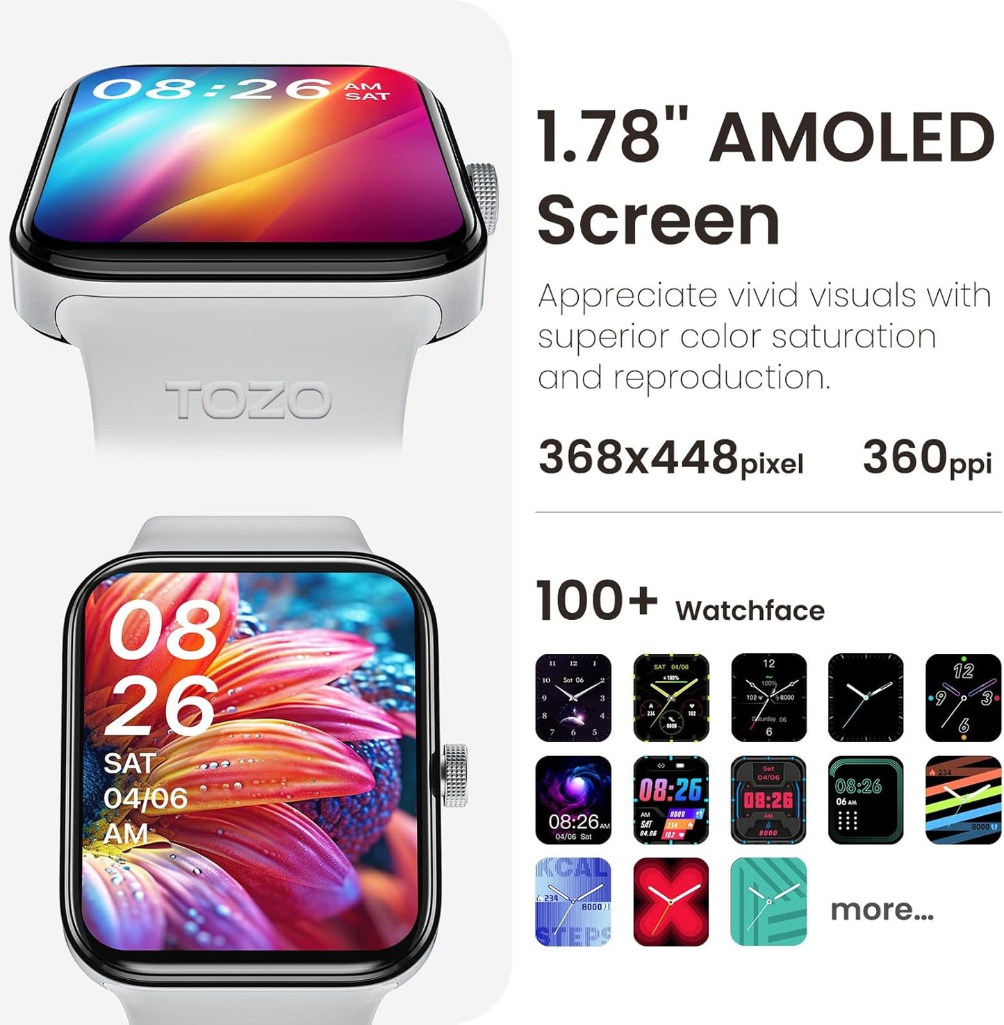 TOZO 44mm Rectangular Face Smart Watch Alexa Built-in Fitness Tracker with Heart Rate/Blood Oxygen Monitor/Sleep Monitor 5ATM Waterproof HD Touchscreen for Men Women Compatible with iPhone&Android