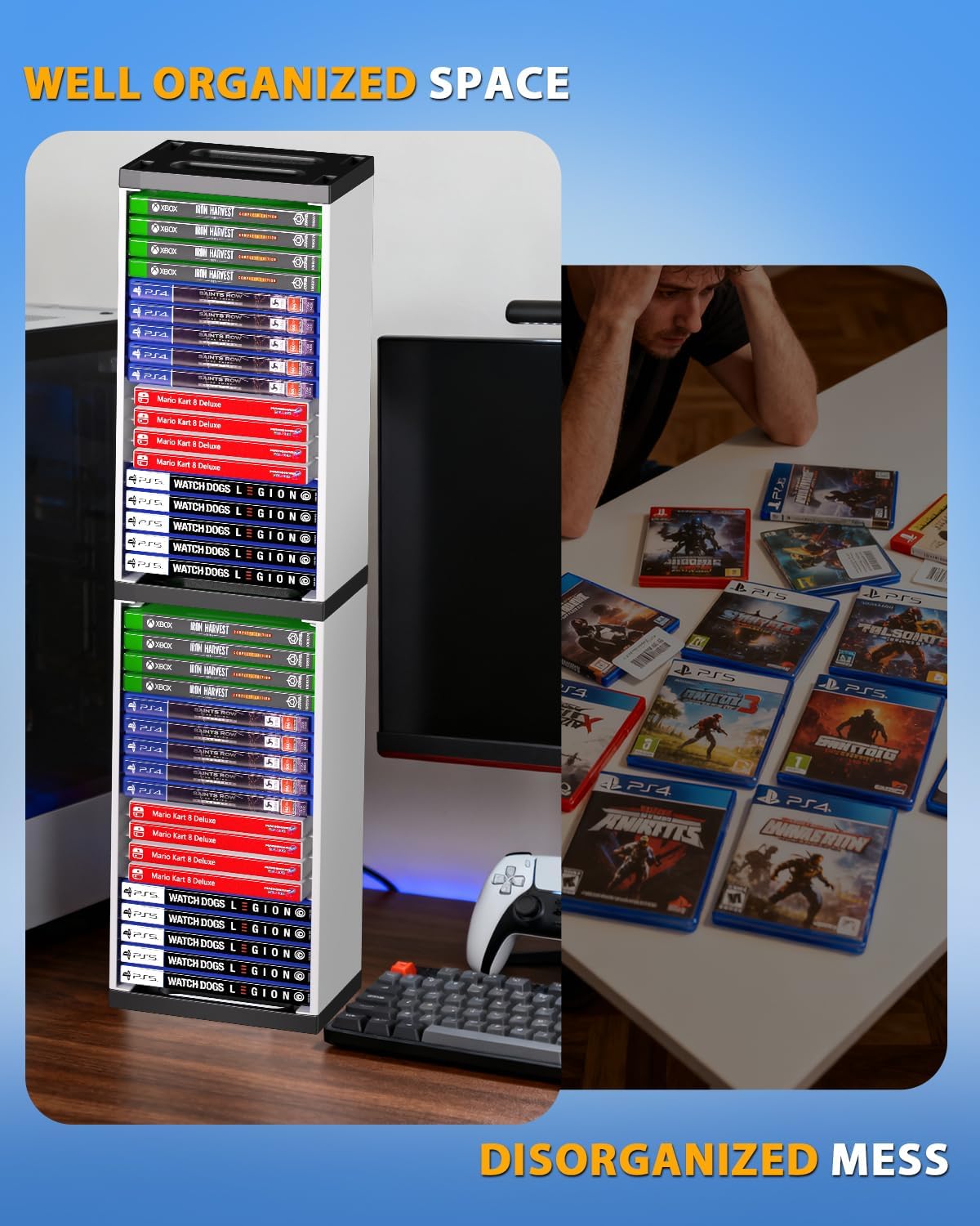 Nargos Video Game Storage Stand Tower for PS5/ PS4/ PS3/ Xbox Series S & X/Xbox one Game, Universal Game Disc Holder Vertical Blu Ray Case Organizer