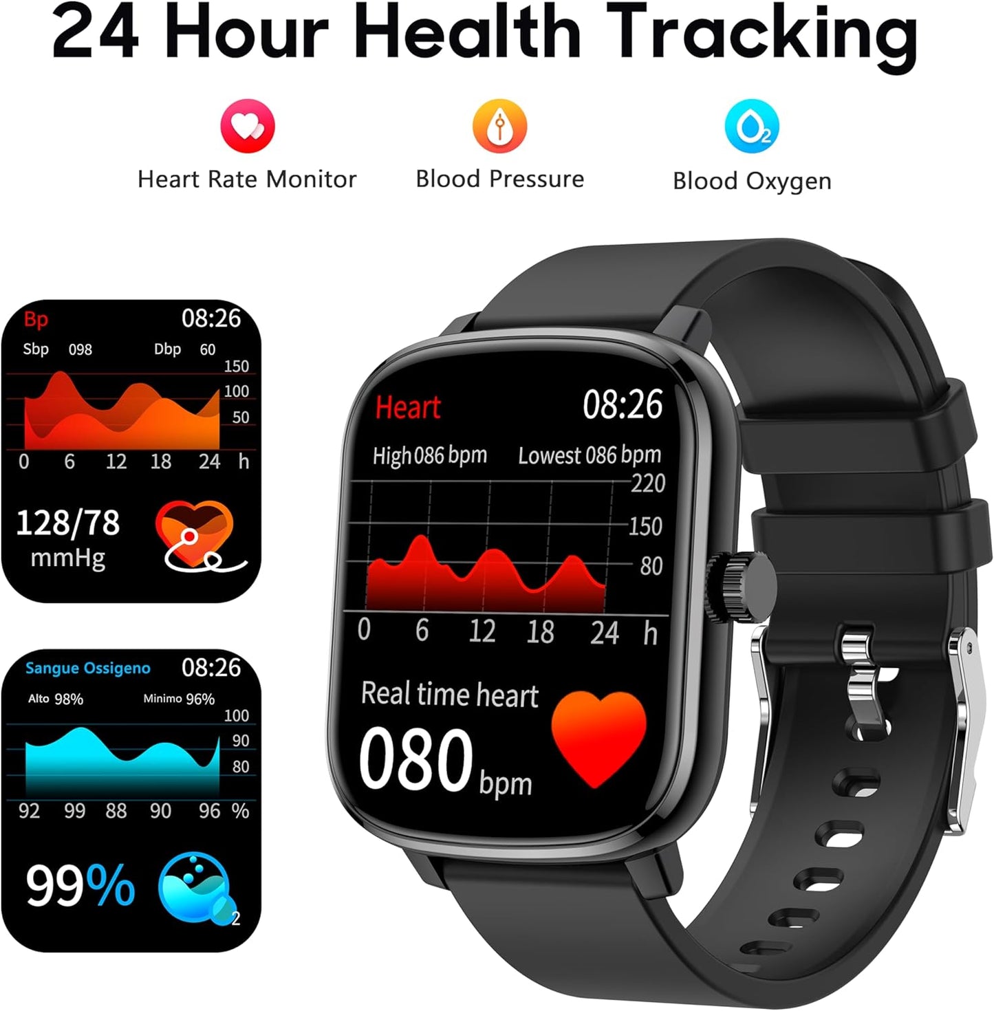 Smart Watch for Women Men, Popglory Smartwatch with Blood Pressure, Blood Oxygen, Sleep Monitor, Fitness Tracker with Heart Rate Tracking/Pedometer/Calories, Full Touch Fitness Watch for Android iOS