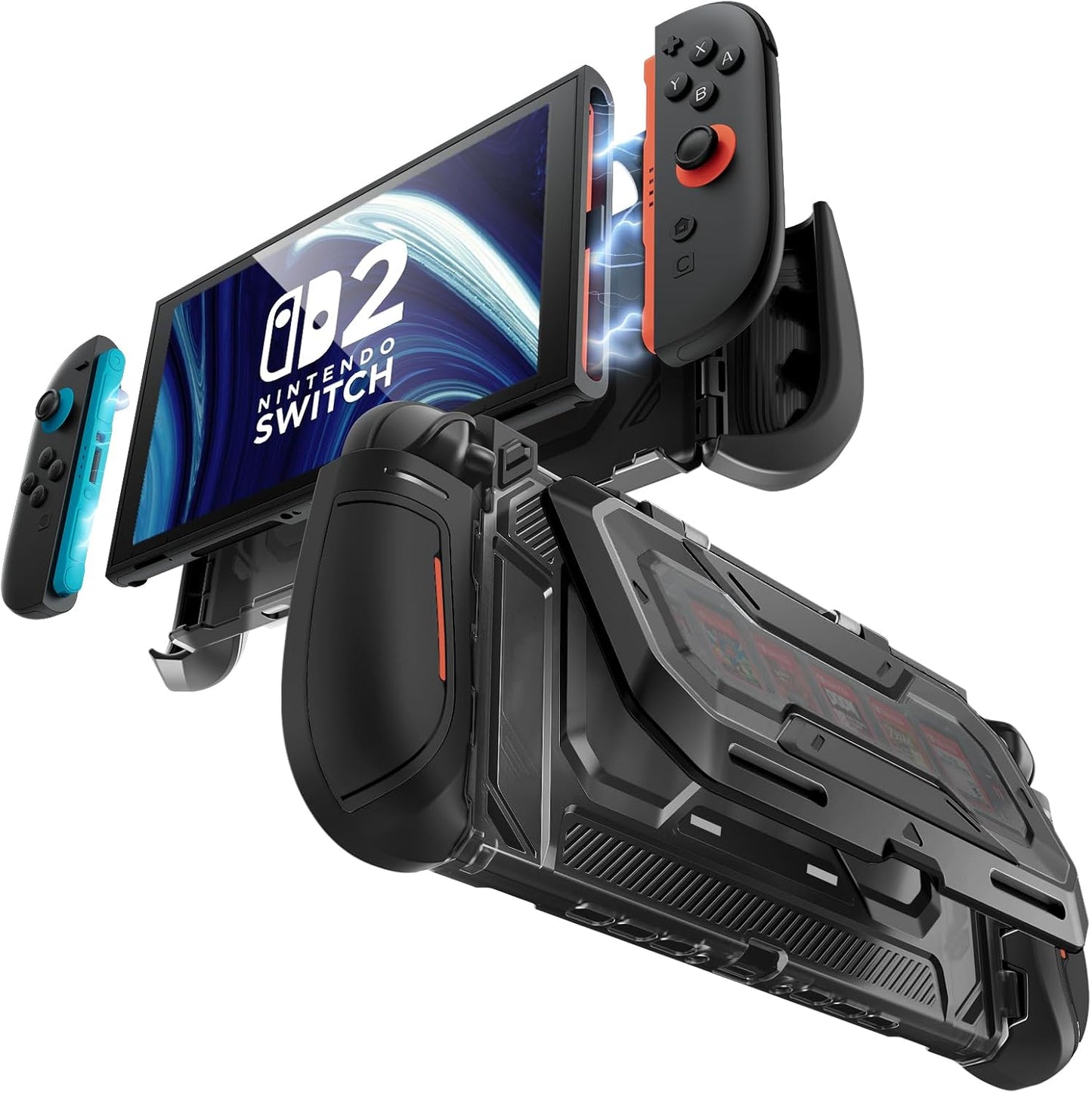 Mumba Dockable for Nintendo Switch 2 Case with Flip Stand, [Titan] Ergonomic Switch 2 Grip Protective Cover Holds 5 Game Cards & 2 TF Cards TPU Accessories and Quick-Release Joy-Con Design (Black)