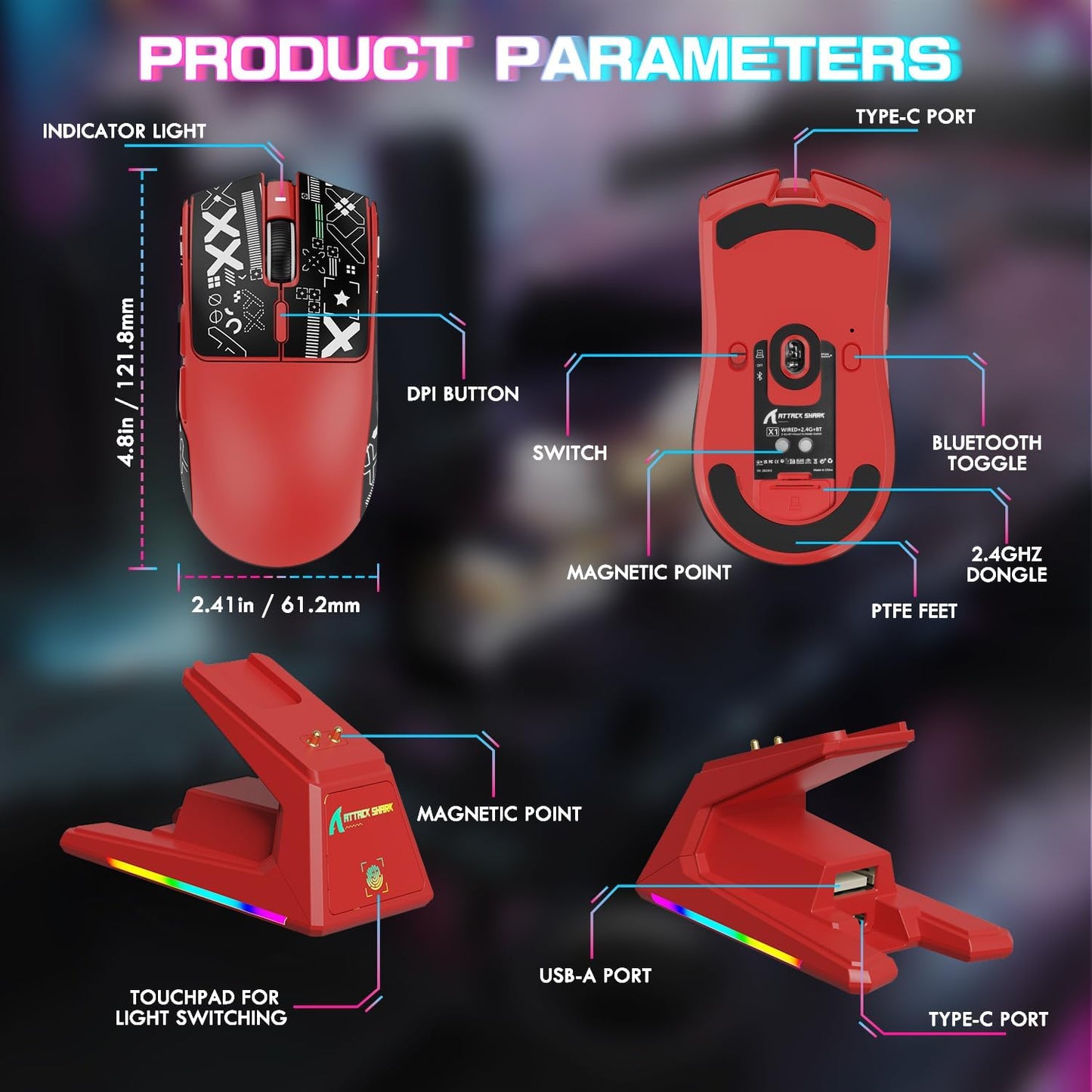 ATTACK SHARK X1 Ultralight Wireless Gaming Mouse with snap-fit RGB Charging Dock,Anti Slip Grip Tape,PixArt PAW3395 Pro Sensor,40000DPI,BT/2.4Ghz/Wired,Optical Micro Switch for PC Mac Gamer(Black)