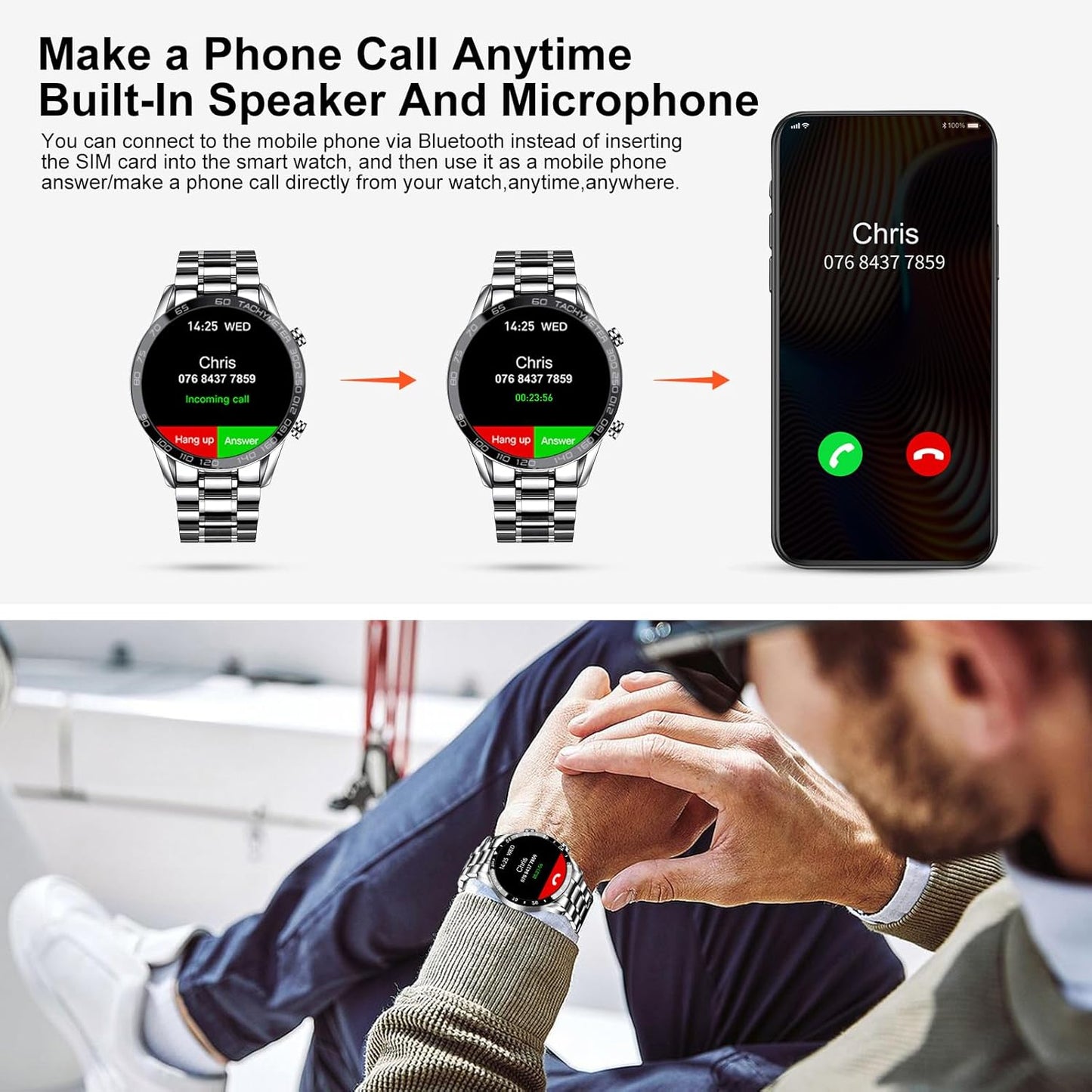 FILIEKEU Men Smart Watch for Android iOS, Bluetooth Calls Voice Chat with Heart Rate/Sleep Monitor Fitness Tracker, 1.3" Full Touch Screen IP67 Waterproof Stainless Steel Activity Tracker for Men,