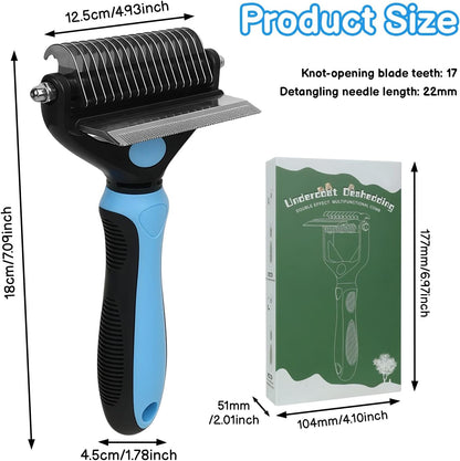 Cat Deshedding Brush & Dog Comb - 2 in 1 Undercoat Rake Detangling Tool for Cats and Dogs with Double Layer Lid, Extra-Wide Grooming & Deshedding for Long Hair (Blue)