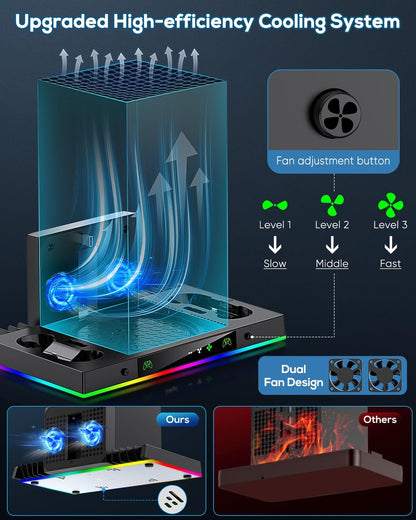 Upgrade Cooling Fan&Dual Charging Stand for Xbox Series X Console&Controller,Cooler Charger Station System for XSX with 15 RGB Light, 2x1400mAh Rechargeable Battery,Disc Accessories Storage (Black)