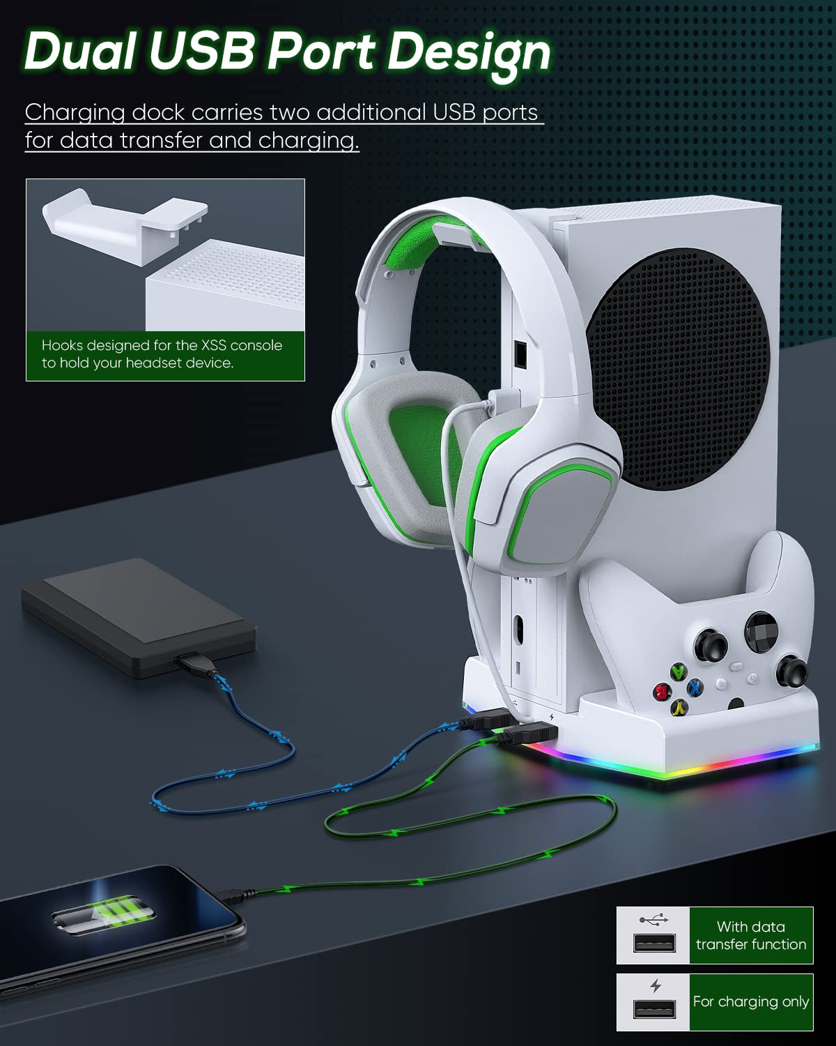 Cooling Stand & Charging Station for Xbox Series S with RGB Light Strip,Dual Controller Charger & Cooler Fan for XSS Console Accessories with 2*1400mAH Rechargeable Battery Pack,1*Headphone Hook,White