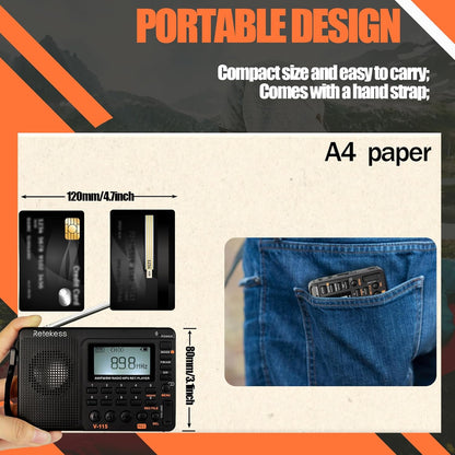 Retekess V115 Digital Radio AM FM, Portable Shortwave Radios, Rechargeable Digital Tuner and Presets, Support Micro SD and AUX Record, Bass Speaker Black