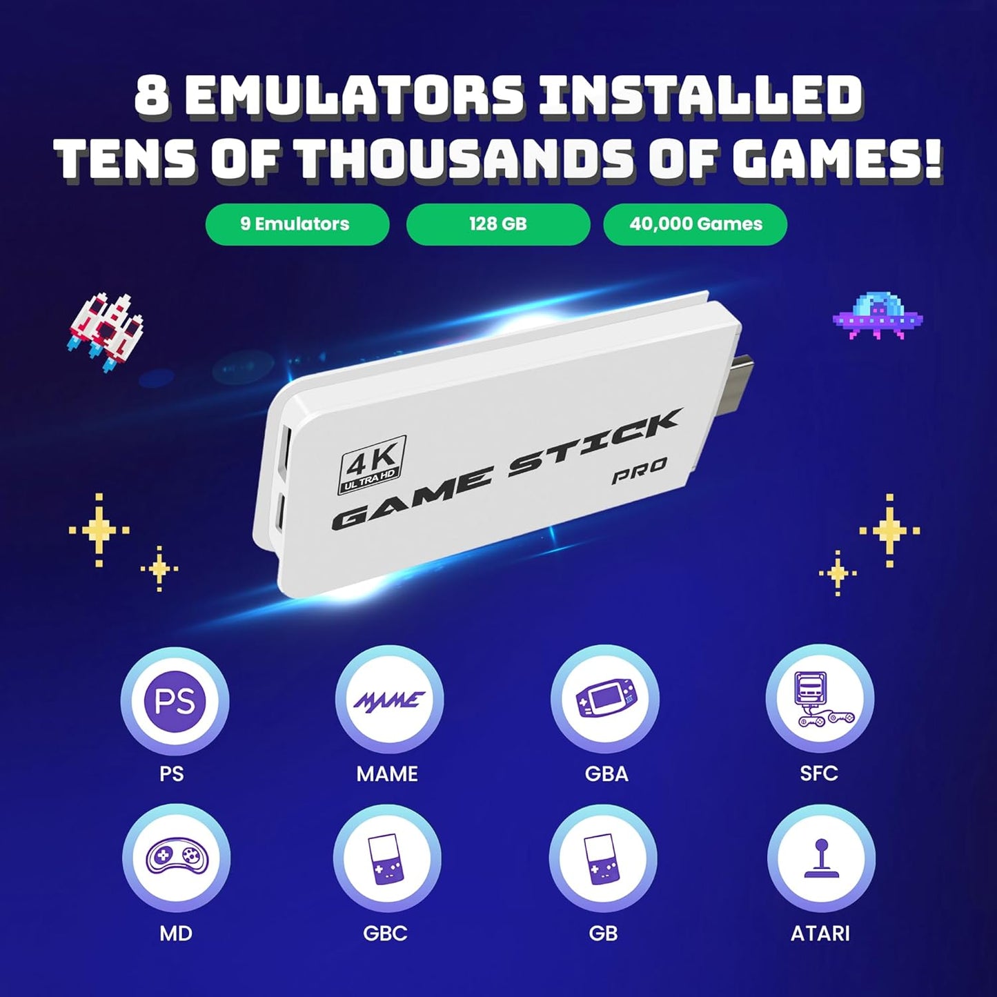 Boltz Retro Stick Gaming Stick – Retro handheld model with 40,000+ Classic Video Games, 9 Emulators, 128GB Storage, Plug & Play 4K HDMI Output, Includes 2 Wireless 2.4GHz Controllers