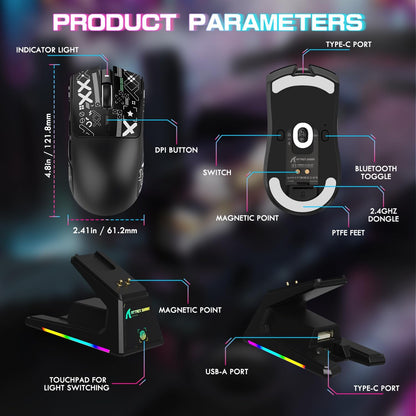 ATTACK SHARK X1 Ultralight Wireless Gaming Mouse with snap-fit RGB Charging Dock,Anti Slip Grip Tape,PixArt PAW3395 Pro Sensor,40000DPI,BT/2.4Ghz/Wired,Optical Micro Switch for PC Mac Gamer(Black)