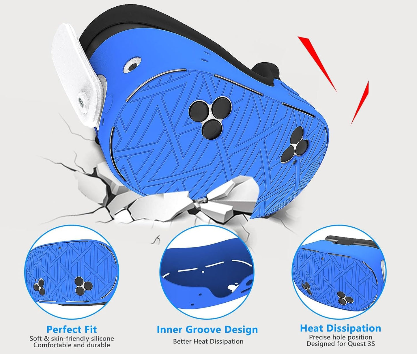 7-in-1 Protective Silicone Cover Set for Meta Quest 3s Accessories, Included Battery Opening Controller Grips, VR Silicone Face Cover and Shell Cover_(Stripe-Blue)