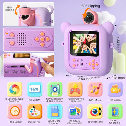 Kids Camera Instant Print, 7 Print Paper (4 Color: O/R/G/B+3 B&W), 2.4" Screen Instant Camera for Kids Ages 3-12,1080P, 180°Flip Lens,32GB Card- Christmas Birthday Present for Boys & Girls,M2