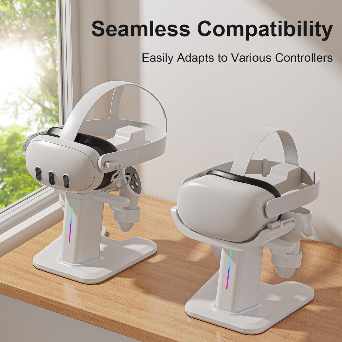 RGB Charging Dock and Vertical Stand for Quest 3S, Quest 3, Quest 2 and Quest Pro, VR Headset Controller Charging Station, White
