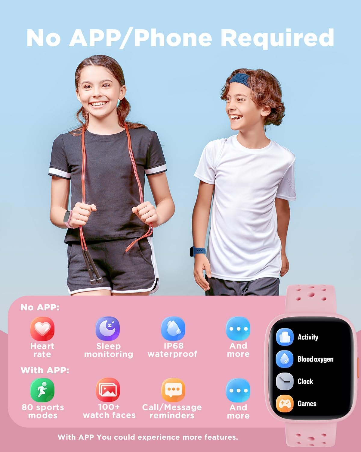 BIGGERFIVE Smart Watch for Kids No APP No Phone Needed, 1.8" Fitness Tracker Watch Pedometer, Sleep Monitor, IP68 Waterproof, Step Counter, Puzzle Games for Girls Boys Teens 5-16, Black