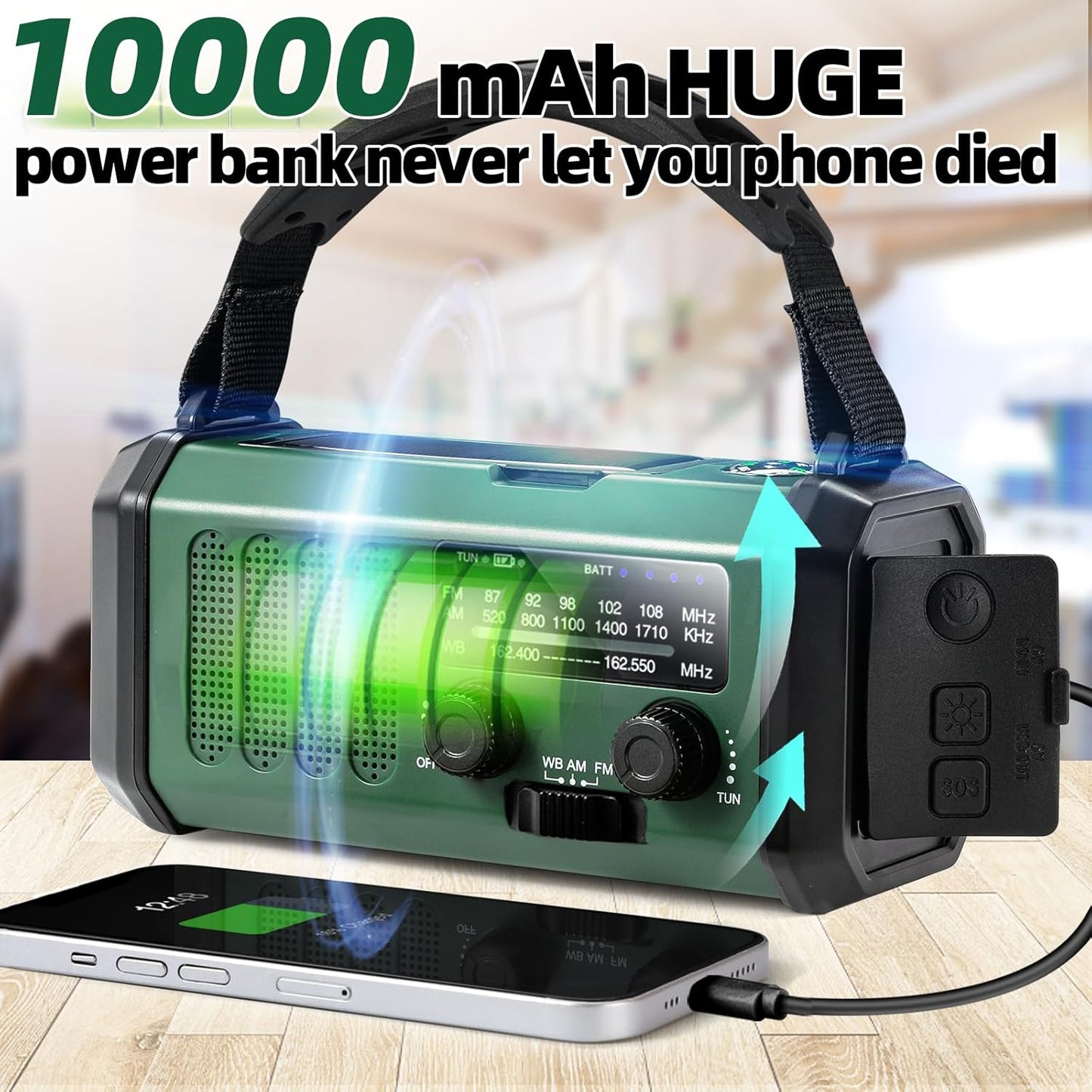Hand Crank Emergency Radio,37000mWhSolar Powered Hand Crank Portable Radio,NOAA AM FM Weather Radio with 3Mode Flashlight and Reading Light,Cell Phone Charger,Home and Emergency Distress Signal