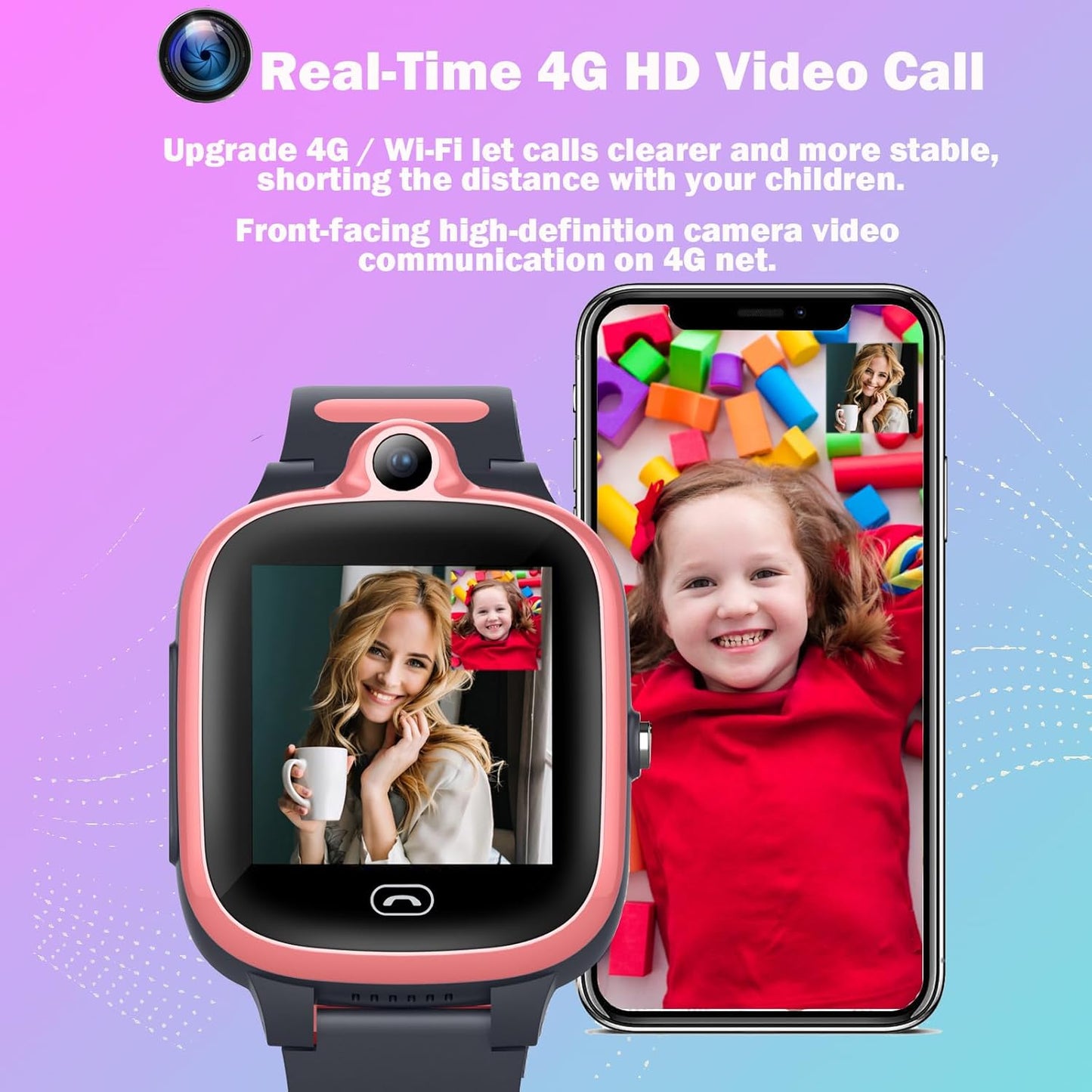 Kids 4G GPS Smart Watch, Waterproof Phone Smartwatch, Worldwide Real-time Tracking Video Phone Call Camera SOS Alarm Geo-Fence Touch Screen Pedometer Anti-Lost GPS Tracker Watch for Birthday Gift