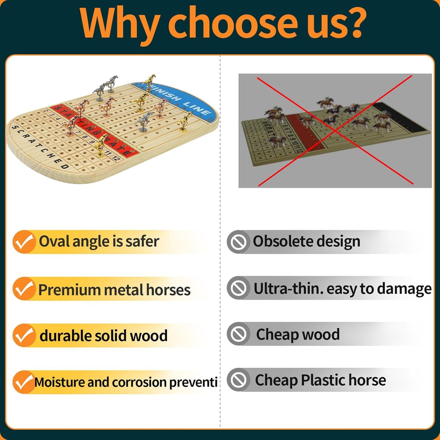 21 inches Horse Racing Board Game Solid Wood with 11 Luxury Metal Horses Thickened Pine Finish LINE Race Game Chessboard Including 2 Sets of dice and 2 Boxes of Cards (Log Color)