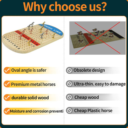 21 inches Horse Racing Board Game Solid Wood with 11 Luxury Metal Horses Thickened Pine Finish LINE Race Game Chessboard Including 2 Sets of dice and 2 Boxes of Cards (Log Color)