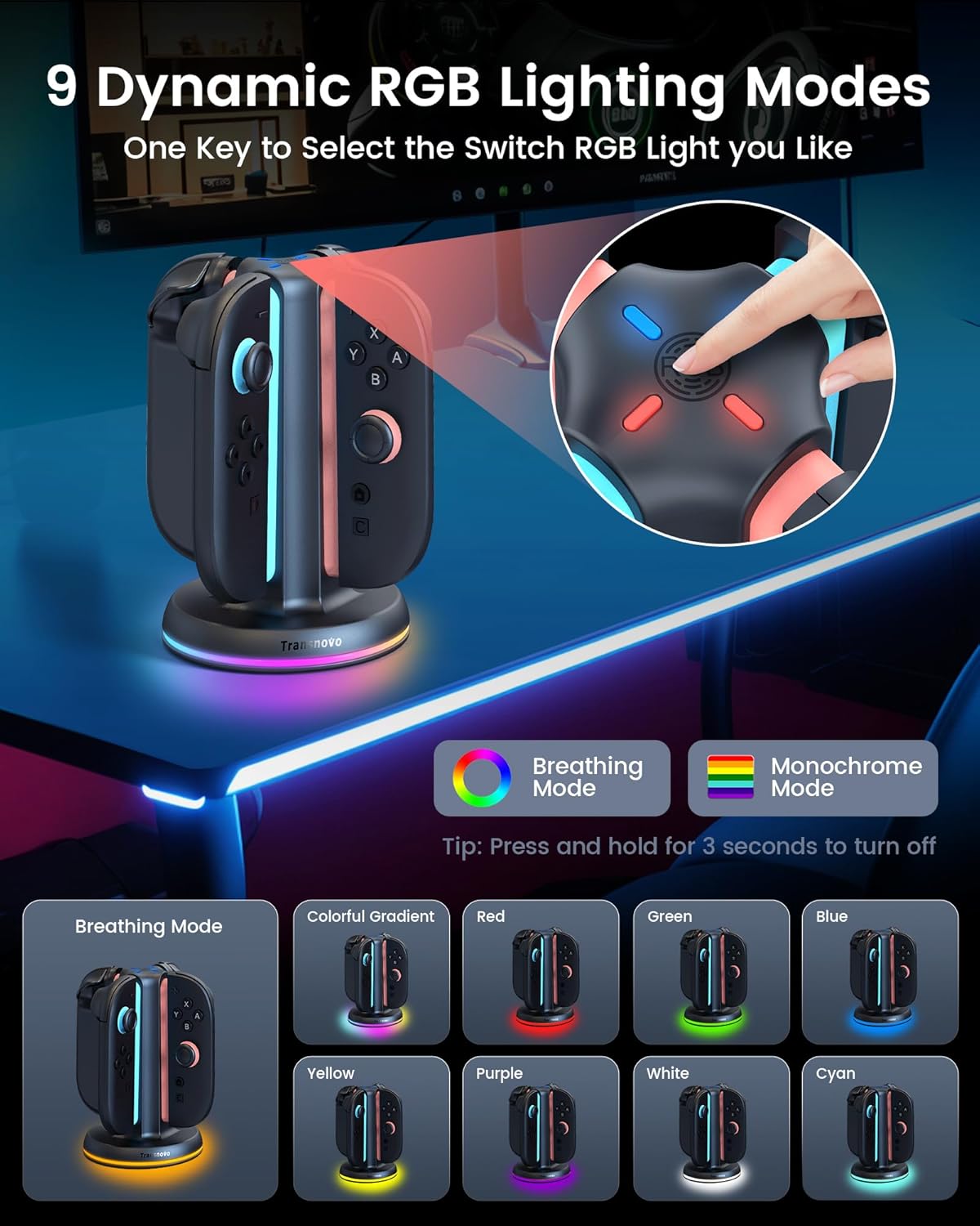 Switch 2 Controller Charger for Joy-Cons 2, 4-in-1 snap-fit Charging Dock for Nintendo Switch 2 Controller 9 RGB Light Modes, USB C Charging Cable Included, Switch 2 Accessories